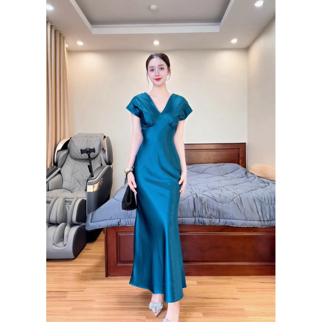Đầm lụa cổ V form dài nữ tính dịu dàng siêu xinh dự tiệc đi chơi- PUSU HOUSE