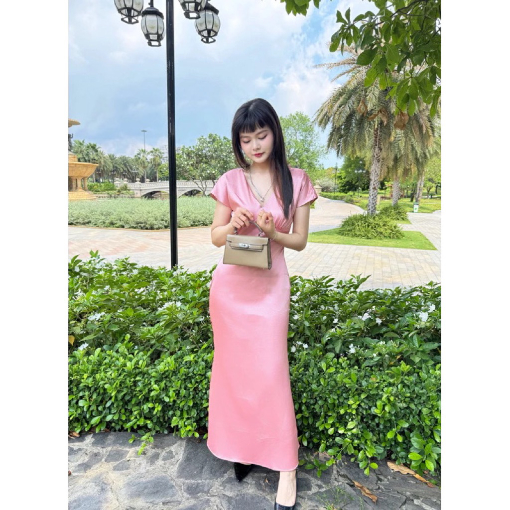Đầm lụa cổ V form dài nữ tính dịu dàng siêu xinh dự tiệc đi chơi- PUSU HOUSE