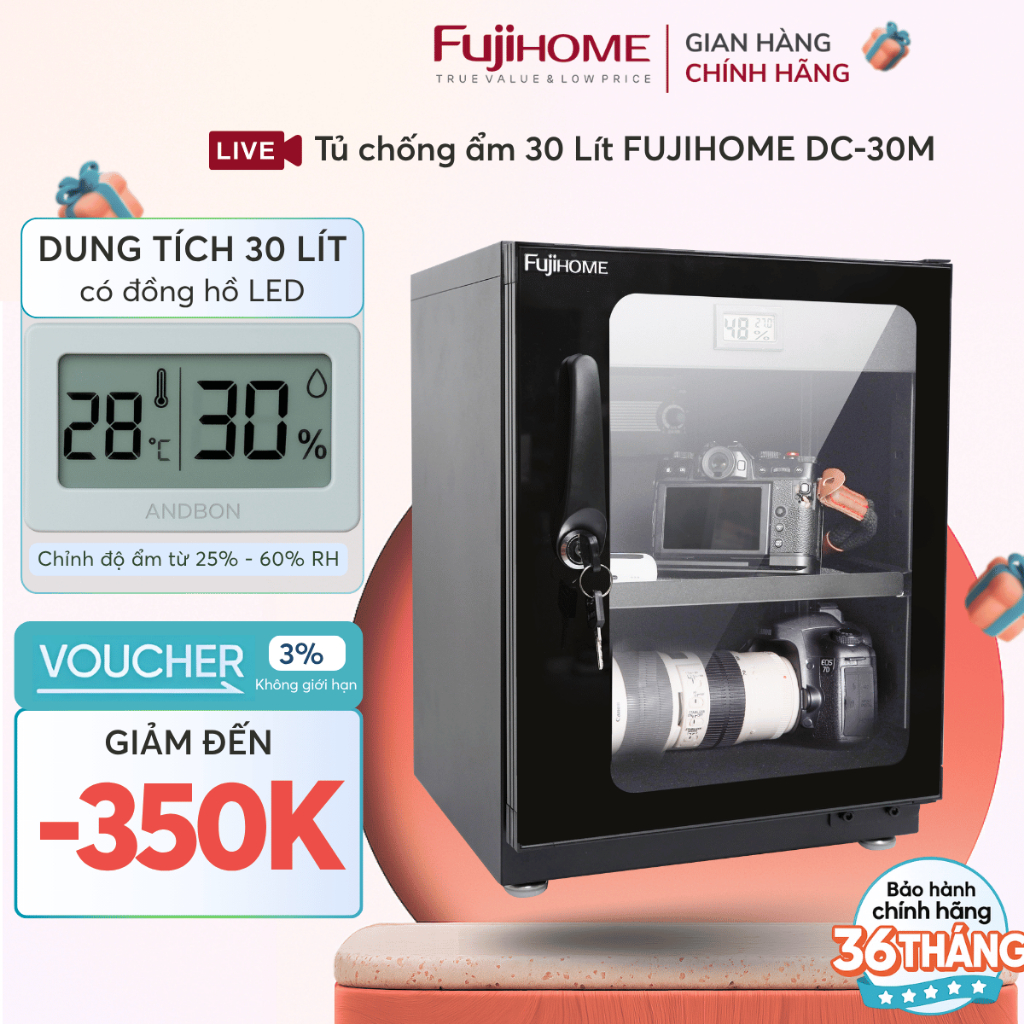 Tủ Chống Ẩm Nhập Khẩu 30L FUJIHOME DC-30M - Tủ Hút Ẩm Điều Chỉnh Độ Ẩm Màn Hình Led