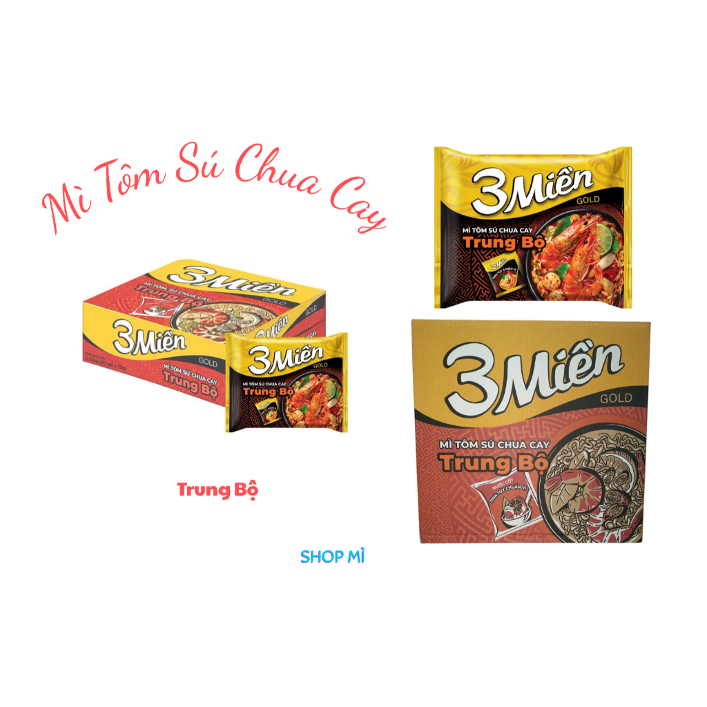 Thùng 30 gói Mì Xào Hành Phi Tương Tỏi, mì tôm sú chua cay Trung Bộ, Nam Bộ 3 Miền Gold 75gr