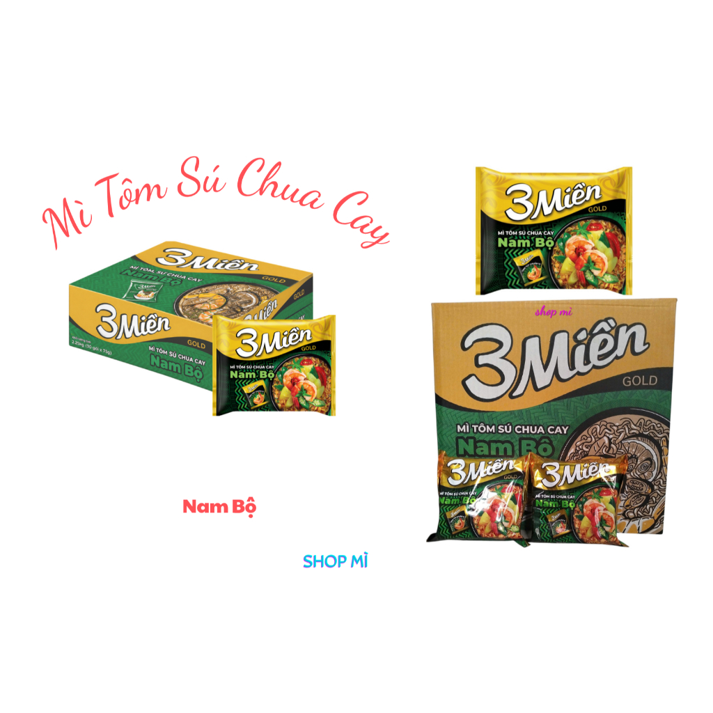 Thùng 30 gói Mì Xào Hành Phi Tương Tỏi, mì tôm sú chua cay Trung Bộ, Nam Bộ 3 Miền Gold 75gr