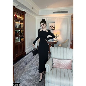 Đầm thun cổ yếm dài tay ba màu A2453