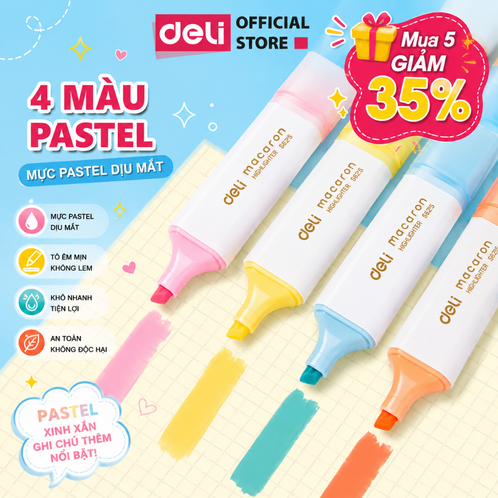 [🔥1-6.9 TẶNG TẨY KÉO] Bút highlight đánh dấu màu macaron Deli - Bút dạ quang đánh dấu nhớ dòng pastel nhanh khô