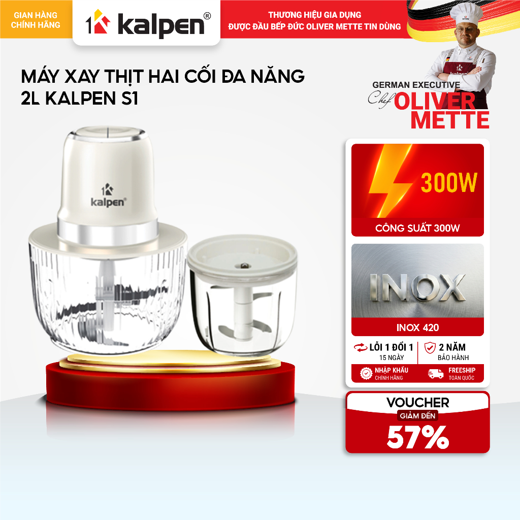 Máy xay thịt đa năng 2 cối thuỷ tinh KALPEN S1 2L hàng chính hãng