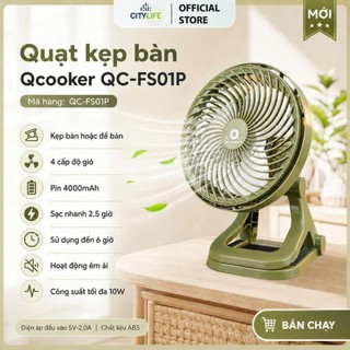 [ BẢO HÀNH 12T] Quạt tích điện quạt kẹp bàn SIÊU TO Qcooker FS01P quạt để bàn tích điện USB pin 4000mAH dùng liên tục 6h