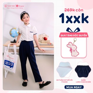 [HÀNG MỚI VỀ] Bộ quần áo đi học bé gái HUMY NGO_Áo sơ mi trắng cổ sen cotton phối quần baggy xanh đen lưng thun co dãn