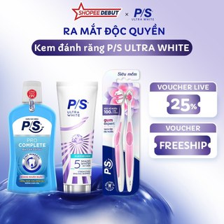 [LIVE] Kem đánh răng P/S Ultra White Trắng Bật 5 Tông 100g+Bộ 2 Bàn Chải P/S Chăm Sóc Nướu+Nước Súc Miệng P/S 500ml