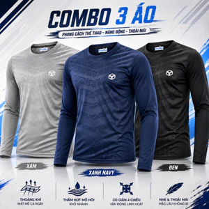 Combo 3 Áo Thun Nam Thể Thao Dài Tay, Chất Vải Thun Trơn, Mềm, Co Giãn, Họa Tiết Logo 3D Nổi Bật