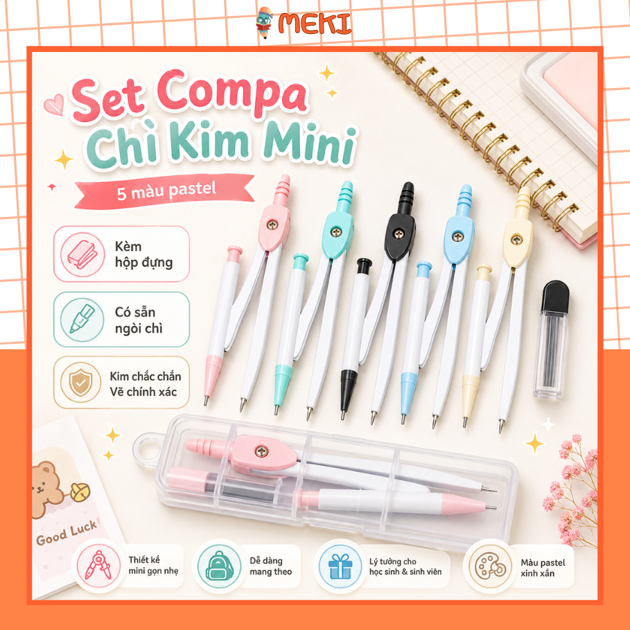 Compa MEKI Nhật Bản Màu Pastel Chất Lượng Cao Vẽ Kỹ Thuật, Bộ Compa Kèm Ngòi Chì MEKI Văn Phòng Phẩm