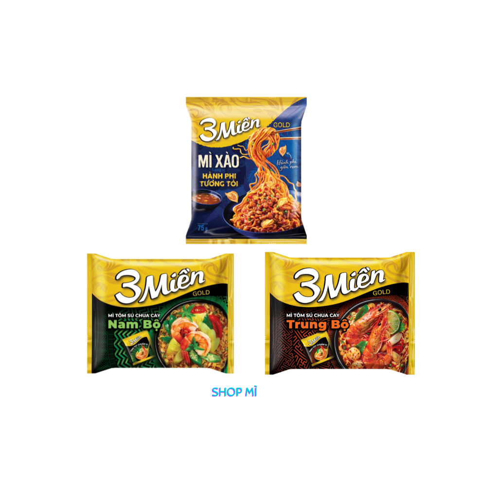 Thùng 30 gói Mì Xào Hành Phi Tương Tỏi, mì tôm sú chua cay Trung Bộ, Nam Bộ 3 Miền Gold 75gr