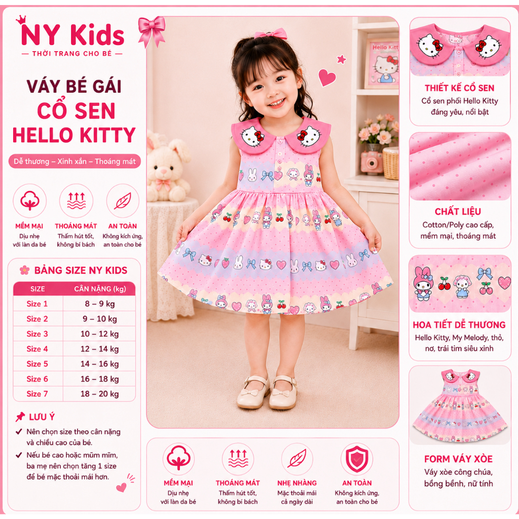 Váy Bé Gái Cổ Sen Hello Kitty Dễ Thương Đầm Xòe Công Chúa Cotton Poly Cao Cấp Mềm Mát Đi Chơi Dự Tiệc C09