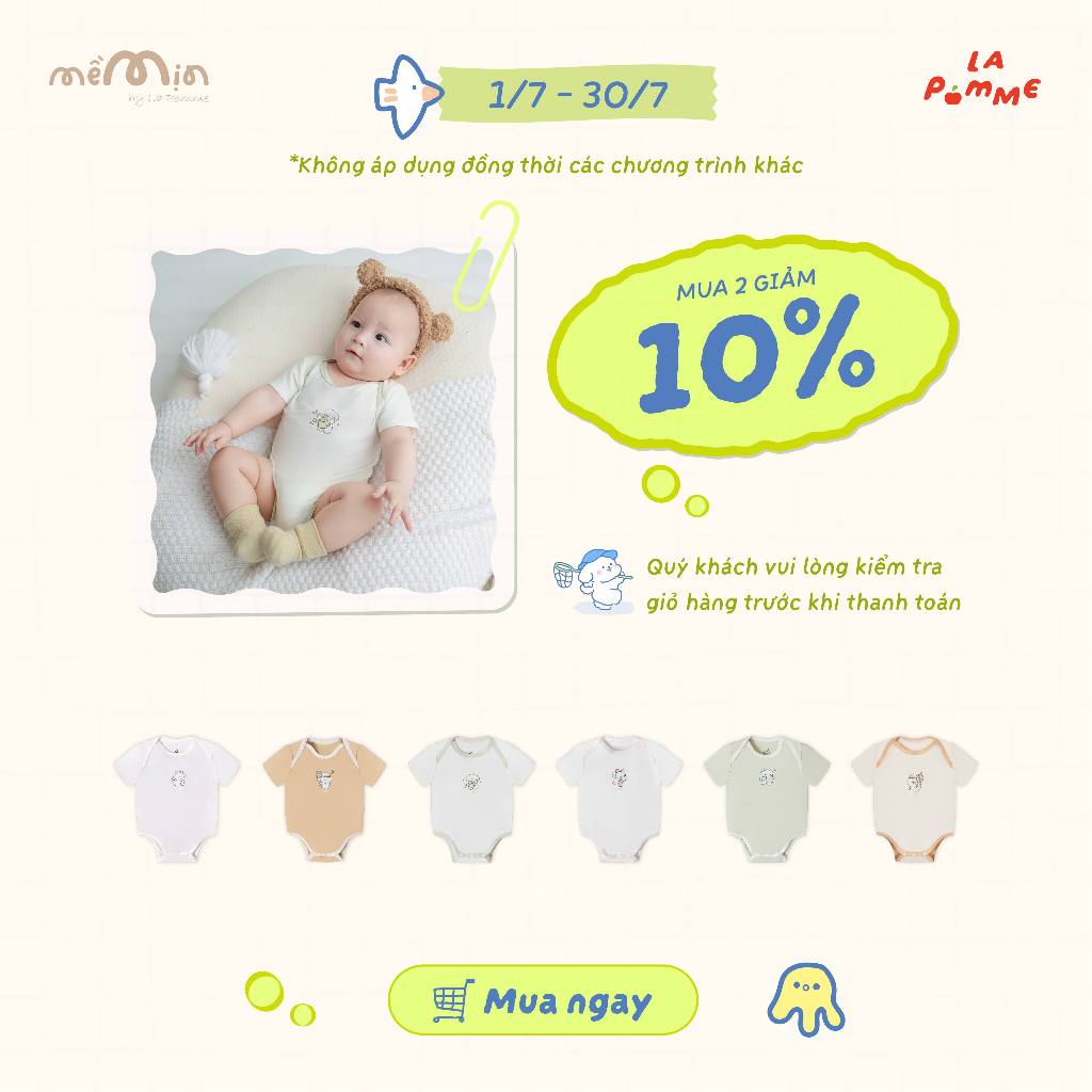 Set 2 Body chip cộc tay Mềm Mịn by La Pomme sắc màu dễ thương - Sợi Petit Soyeu thoáng mát – Bé trai/gái - 0M - 9M