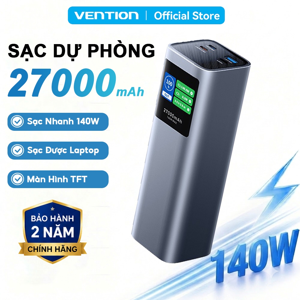 Pin Sạc Dự Phòng 27000mAh 140W Vention, Sạc Nhanh PD Cho Điện Thoại Laptop MatBook, Màn Hình TFT, Sẵn Cáp Sạc USB-C