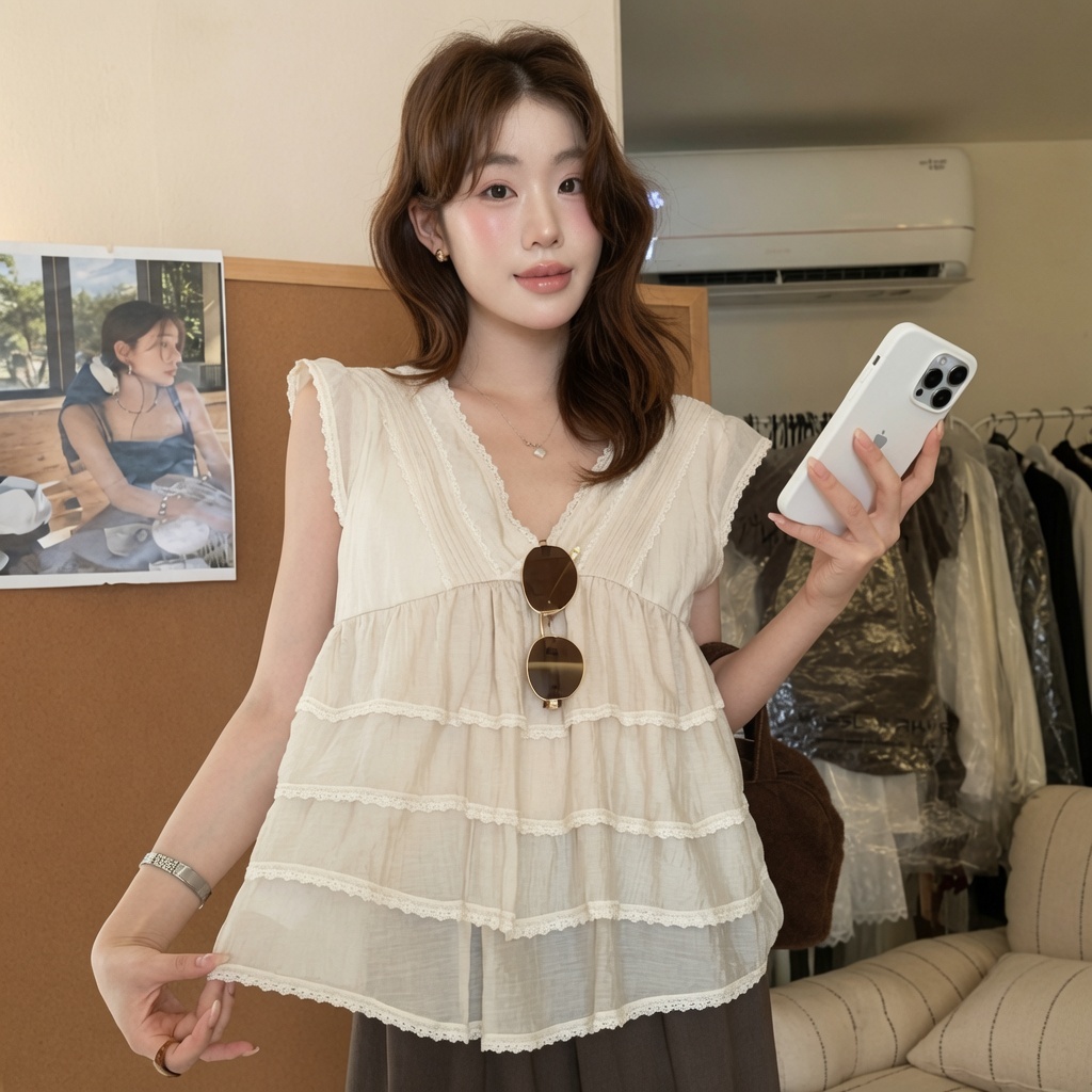 Áo Babydoll Kiểu Nữ Cổ V Dáng Suông Xếp Tầng Phối Ren Xinh Xắn Mùa Hè Kimee - KA890