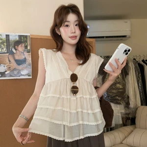 Áo Babydoll Kiểu Nữ Cổ V Dáng Suông Xếp Tầng Phối Ren Xinh Xắn Mùa Hè Kimee - KA890
