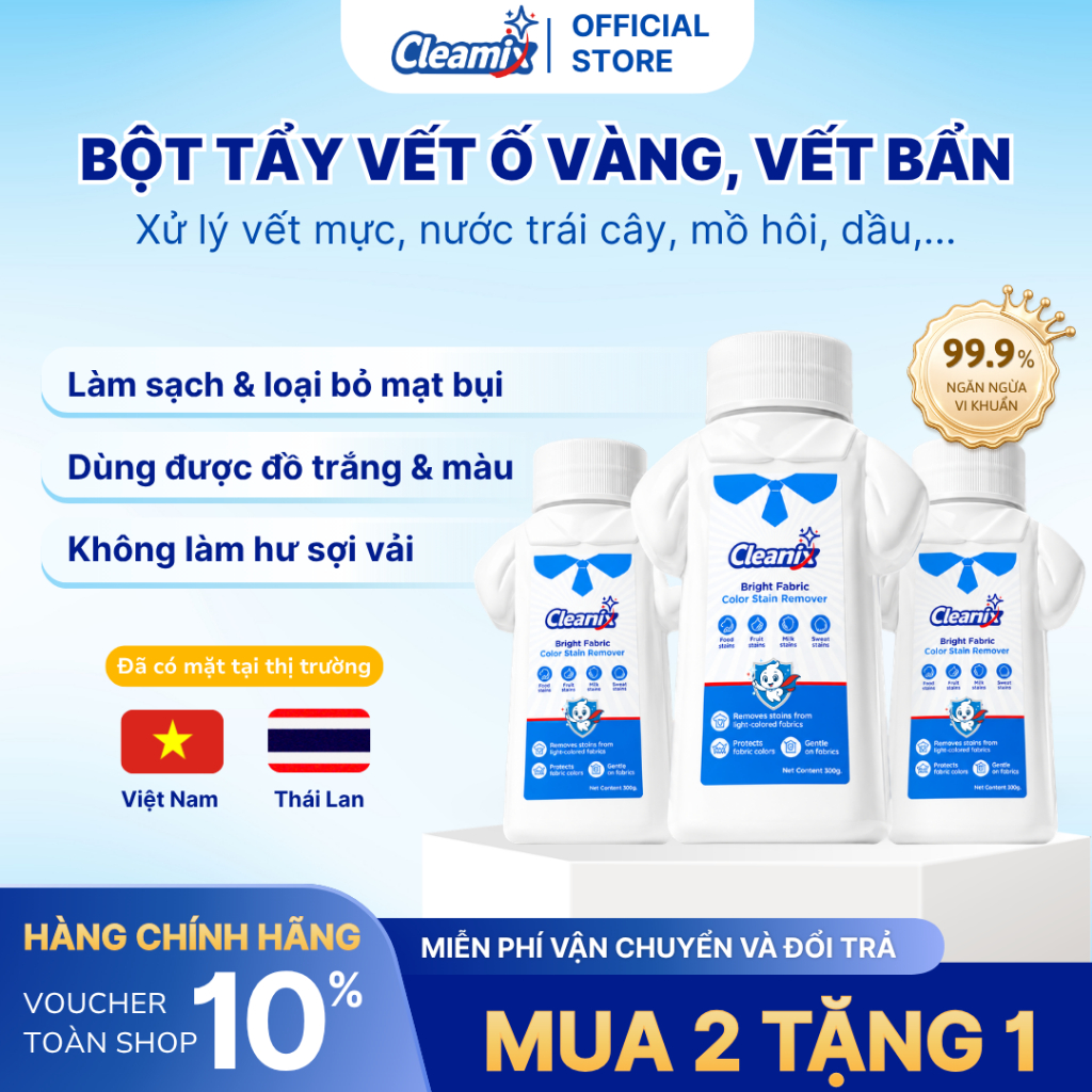 [MUA 2 TẶNG 1] Bột tẩy vết ố vàng, cổ áo, dùng cho gấu bông, balo, đồ trắng, đồ màu Cleamix 300g