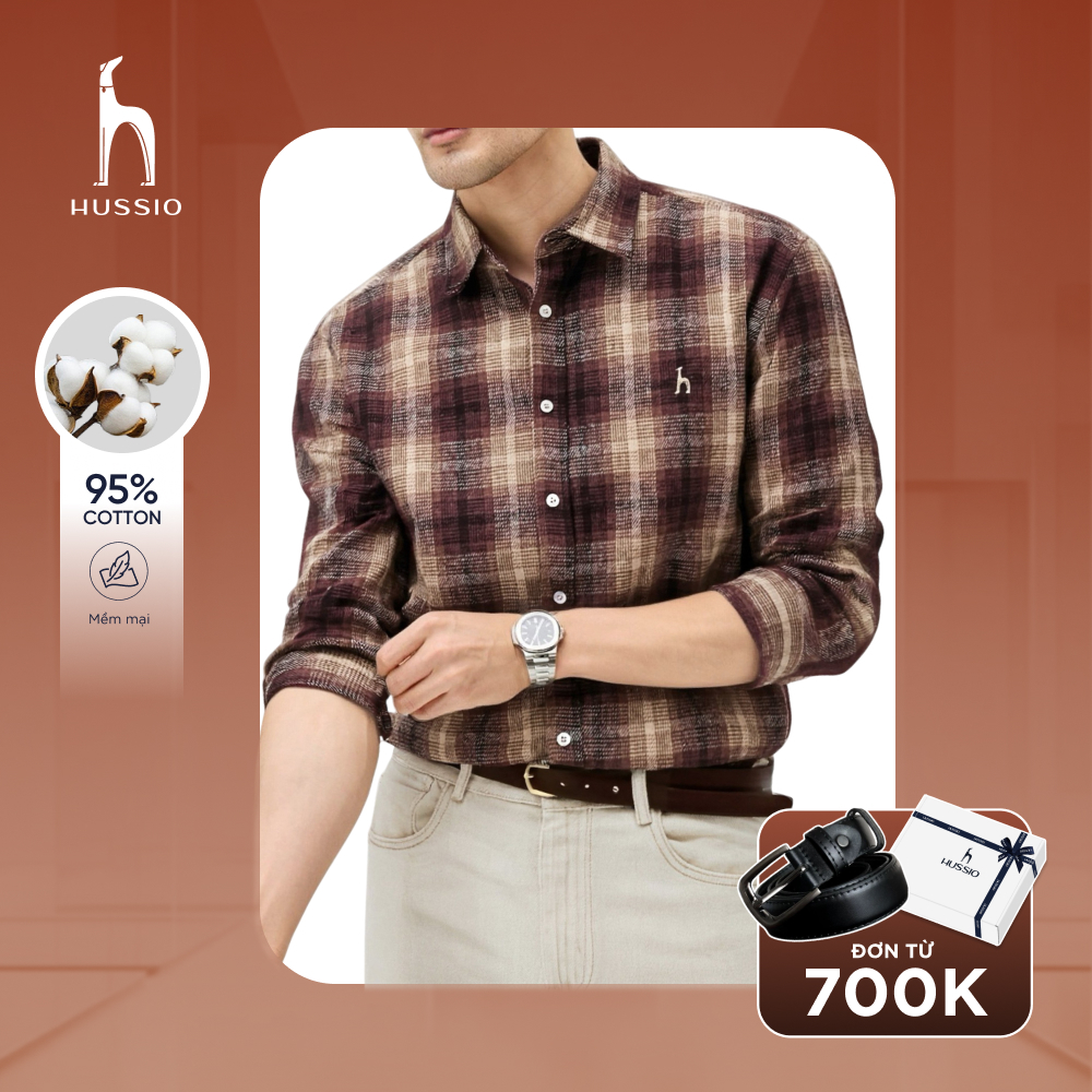 Áo sơ mi Flannel GRID, kẻ sọc ca rô cổ điển, form regular thoải mái, chống nhăn, đứng form - HUSSIO