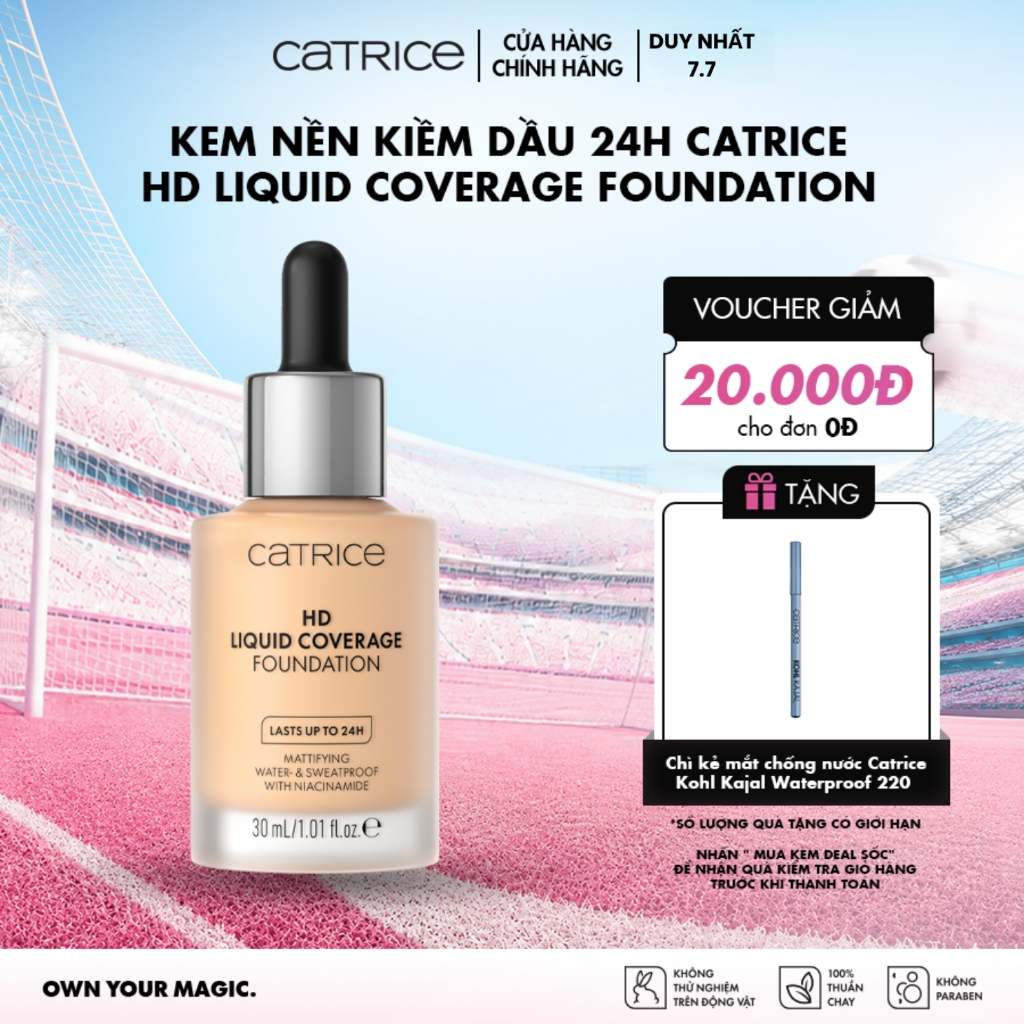 Kem nền Catrice HD Liquid Coverage Foundation kiềm dầu, che phủ tự nhiên tạo độ mịn màng cho da 30ml