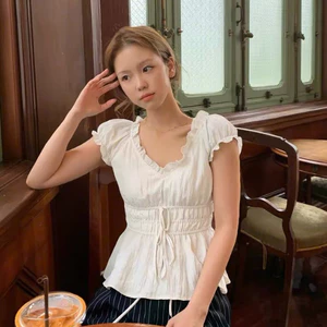 Áo Kiểu Nữ Tay Phồng Cổ Rộng Chiết Eo Thắt Dây Nơ Xinh Xắn Mùa Hè Kimee - KA947