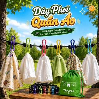 Dây Phơi Quần Áo Du Lịch 12 Kẹp - Dây Phơi Di Động Co Dãn,Chống Gió, Móc Carabiner Treo Quần Áo Tiện Lợi Cắm Trại