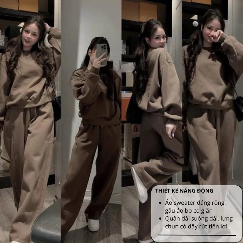 đồ bộ nữ,set đồ nữ mùa đông chất nỉ bông ấm áp màu nâu tây,quần suông dài cạp chun Donna Hcom3716