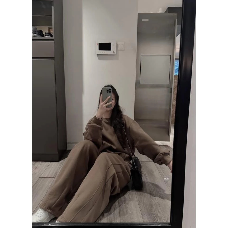 đồ bộ nữ,set đồ nữ mùa đông chất nỉ bông ấm áp màu nâu tây,quần suông dài cạp chun Donna Hcom3716