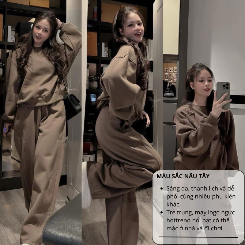 đồ bộ nữ,set đồ nữ mùa đông chất nỉ bông ấm áp màu nâu tây,quần suông dài cạp chun Donna Hcom3716