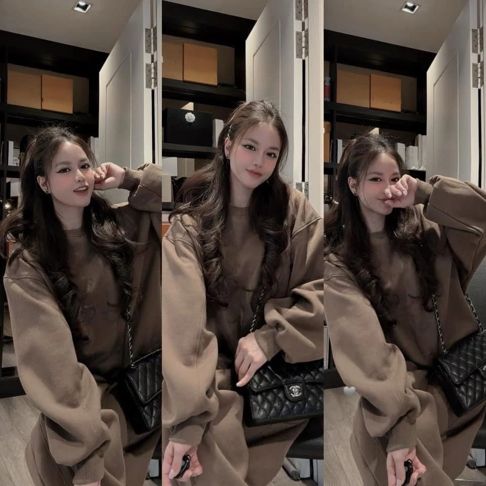 đồ bộ nữ,set đồ nữ mùa đông chất nỉ bông ấm áp màu nâu tây,quần suông dài cạp chun Donna Hcom3716