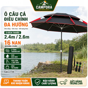 Ô Câu Cá Điều Chỉnh Vạn Hướng 2 Tầng Che Nắng Mưa, Phủ Keo Đen, 16 Nan, Size 2.4/2.6m