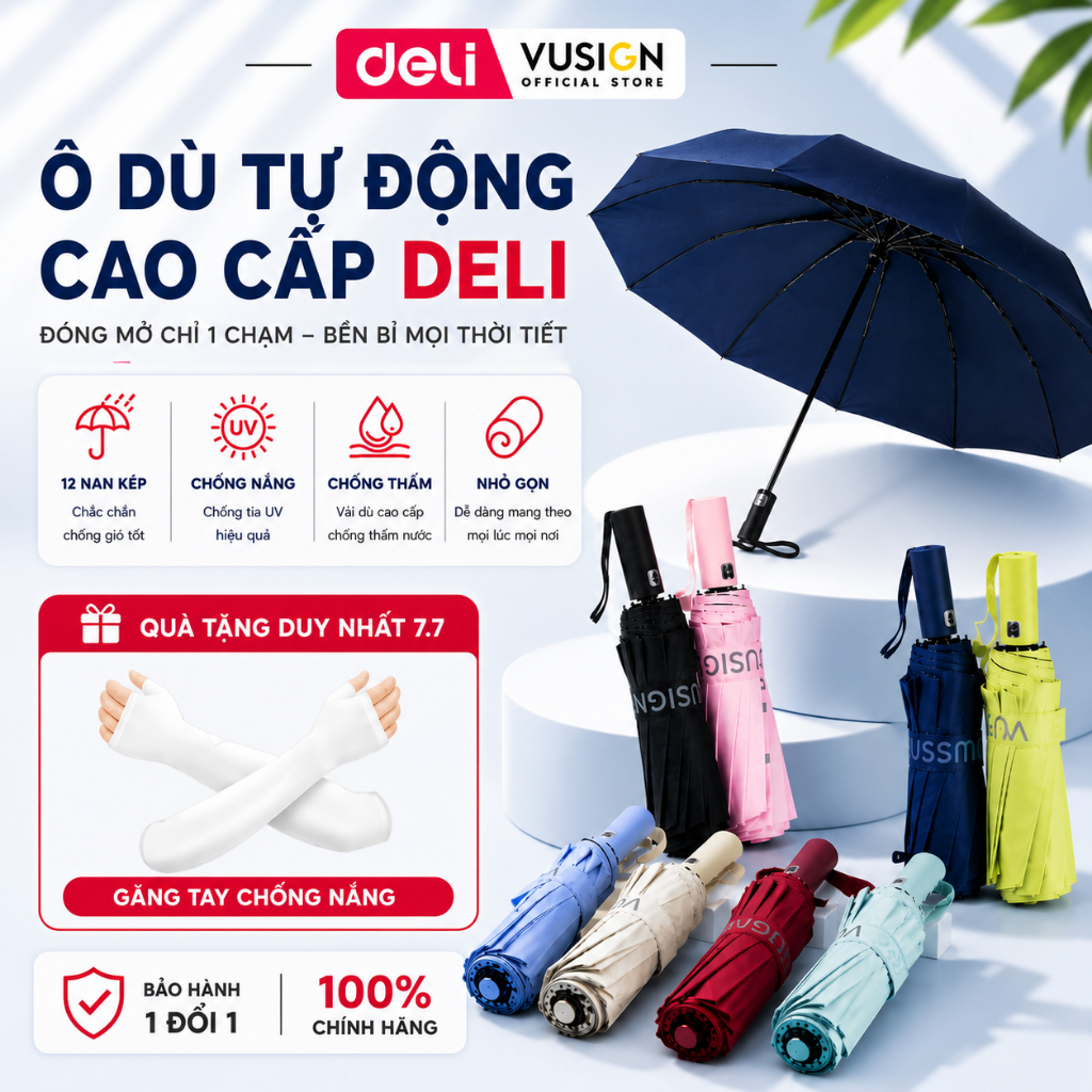 Ô Dù Che Mưa Đi Nắng Tự Động DELI 12 Nan Đôi ĐK 106 cm Chống UV Nút Đóng/Mở Thông Minh Nhiều Màu