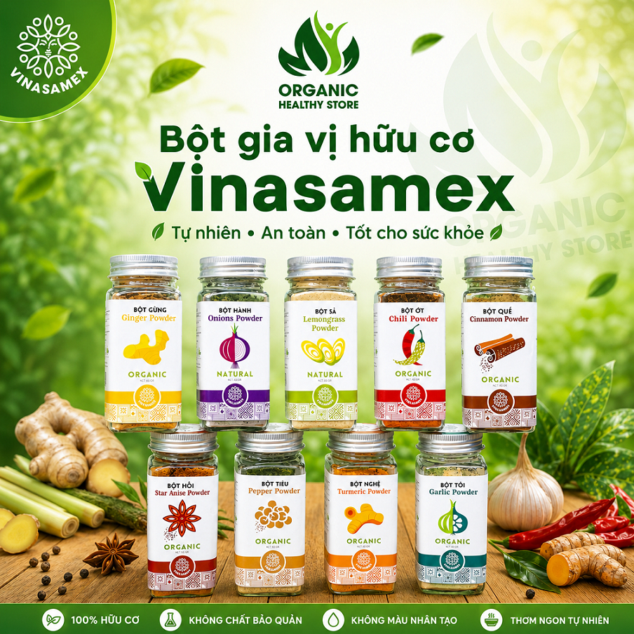 Bột gia vị hữu cơ hành - tỏi - gừng - nghệ - tiêu - ớt - sả - quế - hồi Vinasamex