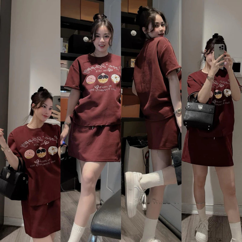 Set đồ nữ Dona HCOM25332,Đồ bộ nữ áo thun cộc tay quần short ngắn màu đỏ họa tiết cute
