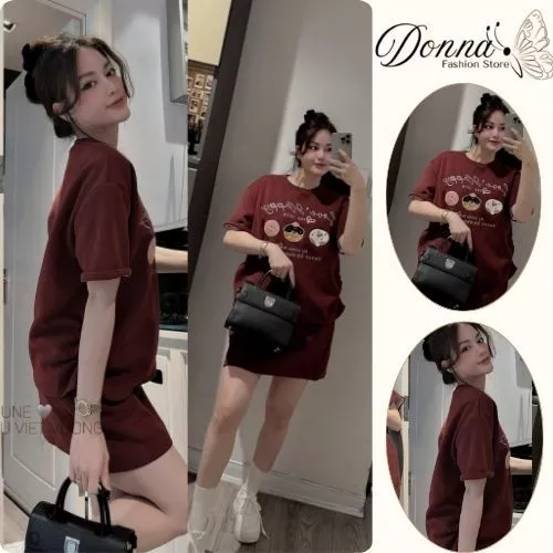Set đồ nữ Dona HCOM25332,Đồ bộ nữ áo thun cộc tay quần short ngắn màu đỏ họa tiết cute