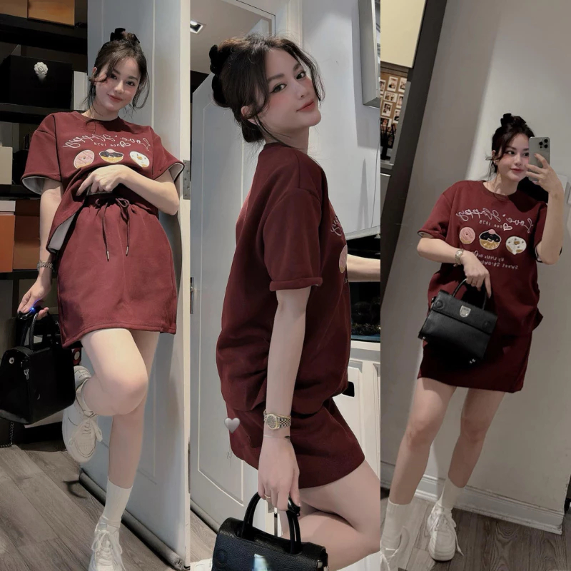 Set đồ nữ Dona HCOM25332,Đồ bộ nữ áo thun cộc tay quần short ngắn màu đỏ họa tiết cute