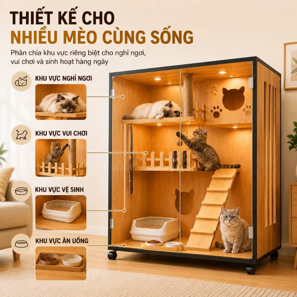 Tủ Nhà Gỗ Villa Cho Mèo 3 Tầng Sang Trọng - Không Gian Vui Chơi Đa Năng Cho Nhiều Mèo