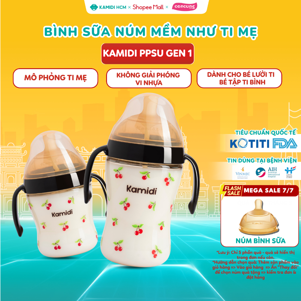 Bình Sữa Cho Bé Kamidi Gen 1 Chất Liệu PPSU Họa Tiết Cherry Dung Tích 210ml/300ml