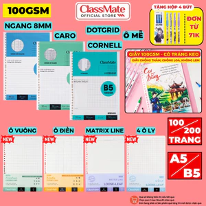 50/100 Tờ Giấy Refill Classmate 100GSM Có Tráng Keo, Kẻ Ngang, Caro, Ô Điền Ruột Sổ Còng A5 B5