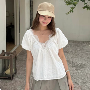 Áo Babydoll Kiểu Nữ Cổ V Phối Ren Tay Ngắn Form Rộng Thoải Mái Xinh Xắn Mùa Hè Kimee - KA937