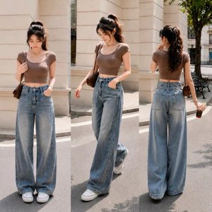 Quần Jean Nữ Ống Suông Rộng Phối Viền Chỉ Nổi MIN.CLUB 175