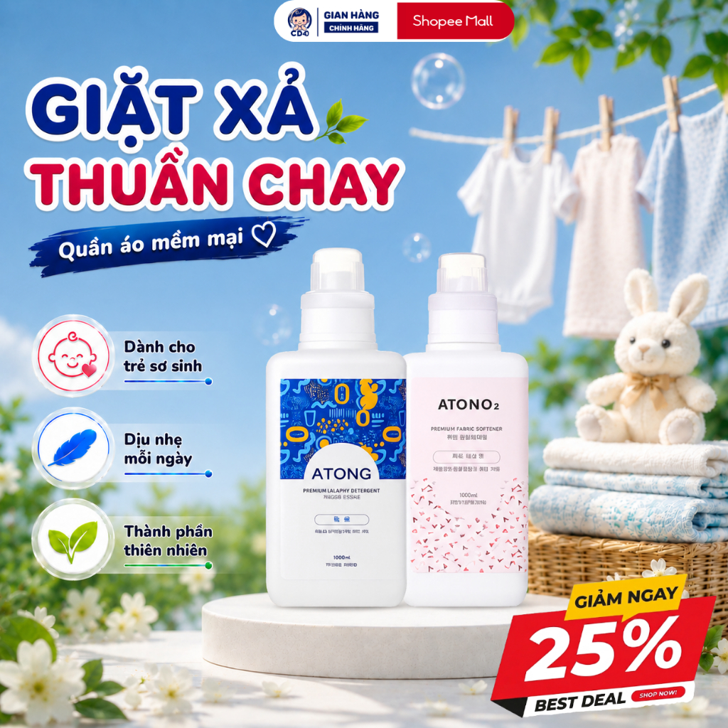 Nước giặt, nước xả thuần chay ATONO2, nước giặt xả quần áo trẻ em thành phần 100% tự nhiên, pH trung tính, an toàn