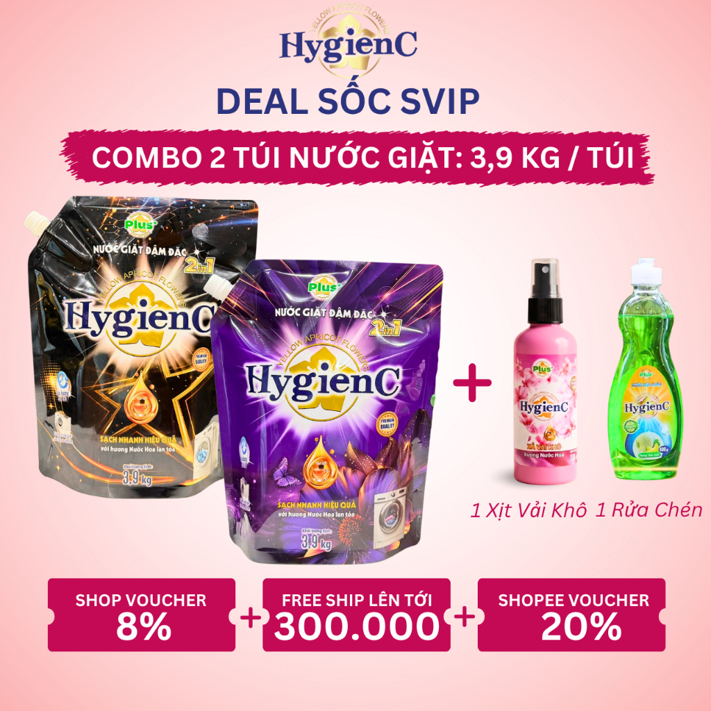 [SV] Combo 2 Túi Nước Giặt Đậm Đặc HygienC Plus 3,9 Kg/Túi