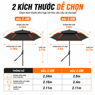 Ô Câu Cá Điều Chỉnh Vạn Hướng 2 Tầng Che Nắng Mưa, Phủ Keo Đen, 16 Nan, Size 2.4/2.6m