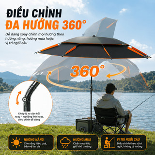 Ô Câu Cá Điều Chỉnh Vạn Hướng 2 Tầng Che Nắng Mưa, Phủ Keo Đen, 16 Nan, Size 2.4/2.6m