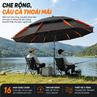 Ô Câu Cá Điều Chỉnh Vạn Hướng 2 Tầng Che Nắng Mưa, Phủ Keo Đen, 16 Nan, Size 2.4/2.6m