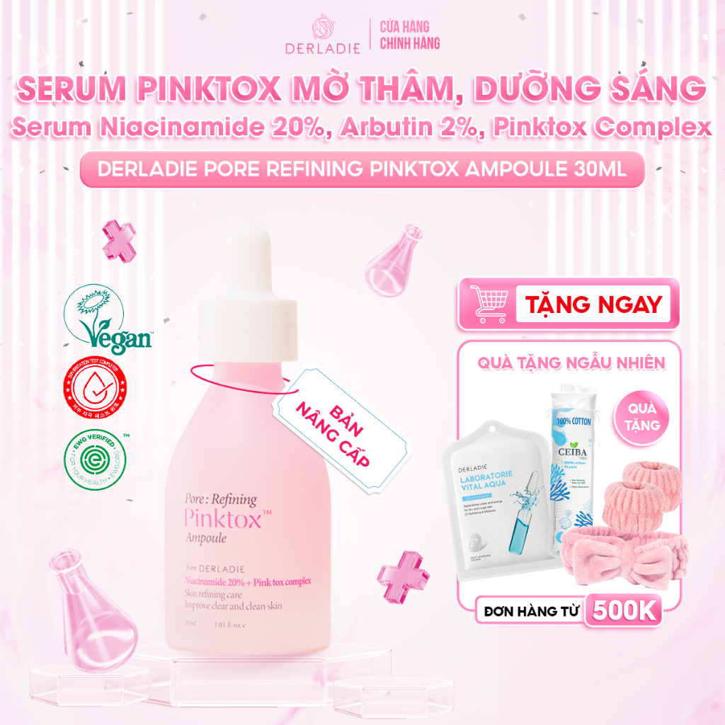 Serum dưỡng sáng da mờ thâm đỏ, chăm sóc lỗ chân lông DERLADIE PORE REFINING PINKTOX AMPOULE 30ml