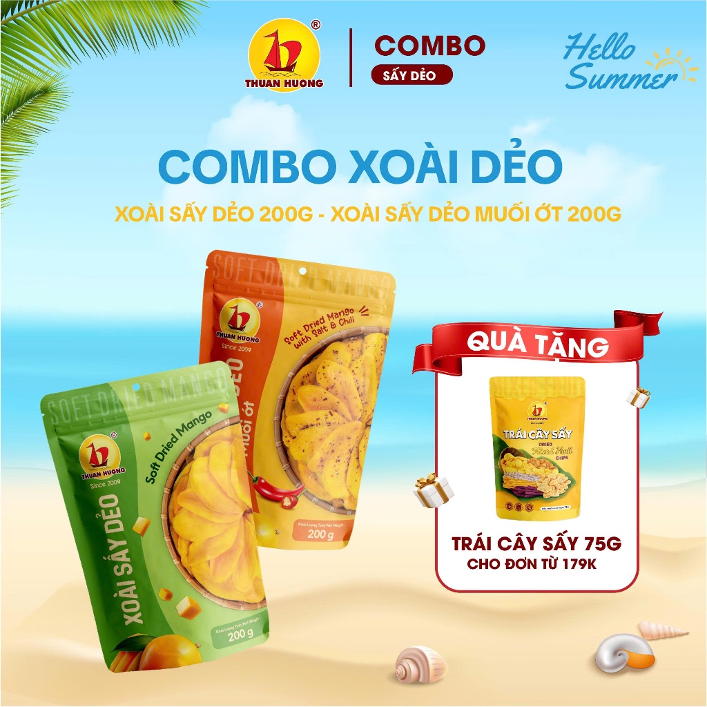 Combo Xoài sấy dẻo, Xoài sấy dẻo muối ớt Thuận Hương 200g - Chua chua ngọt ngọt ăn vặt