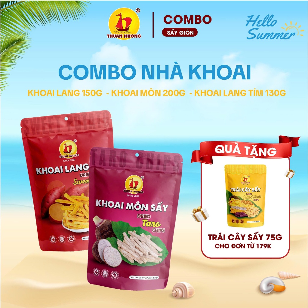 Combo Khoai lang vàng 200g, Khoai môn 200g Thuận Hương - Khoai sấy thơm bùi - Trái cây sấy - Ăn vặt