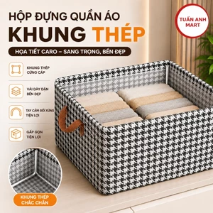 Combo 2 Hộp đựng quần áo khung THÉP họa tiết caro, đựng chăn màn, đồ lót tiện lợi có thể gấp gọn