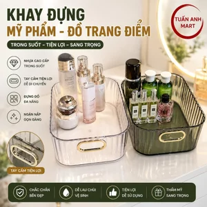 Combo 2 Khay đựng đồ trang điểm, mỹ phẩm để bàn trong suốt - Hộp nhựa đựng đồ đa năng có tay cầm tiện lợi