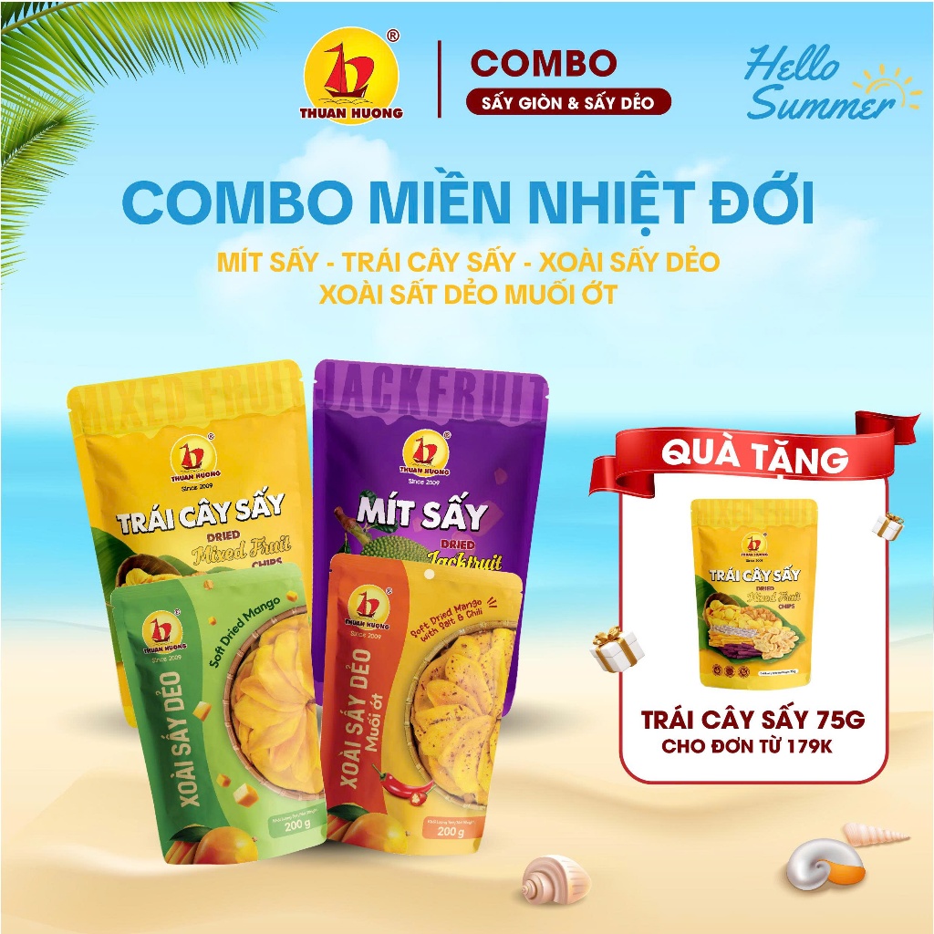 Combo 4 vị 200g Thuận Hương - Mít sấy, Trái cây sấy, Xoài sấy dẻo, Xoài sấy dẻo muối ớt - Ăn vặt